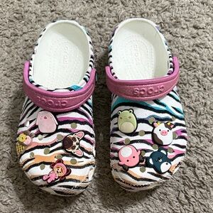 CROCS Zebra Print with Pink Strap and Cartoon Charms